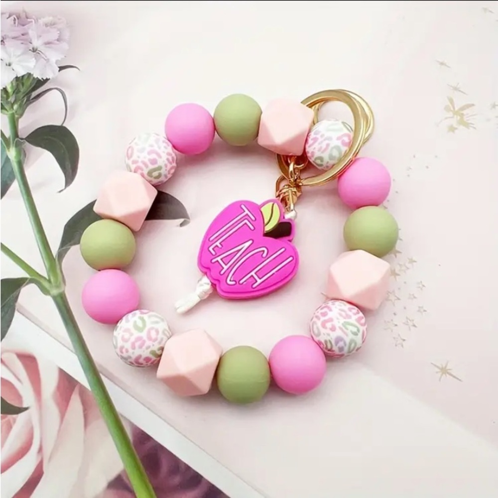 Silicone Bead Keychain With Leopard Print & Pink Apple "TEACH"